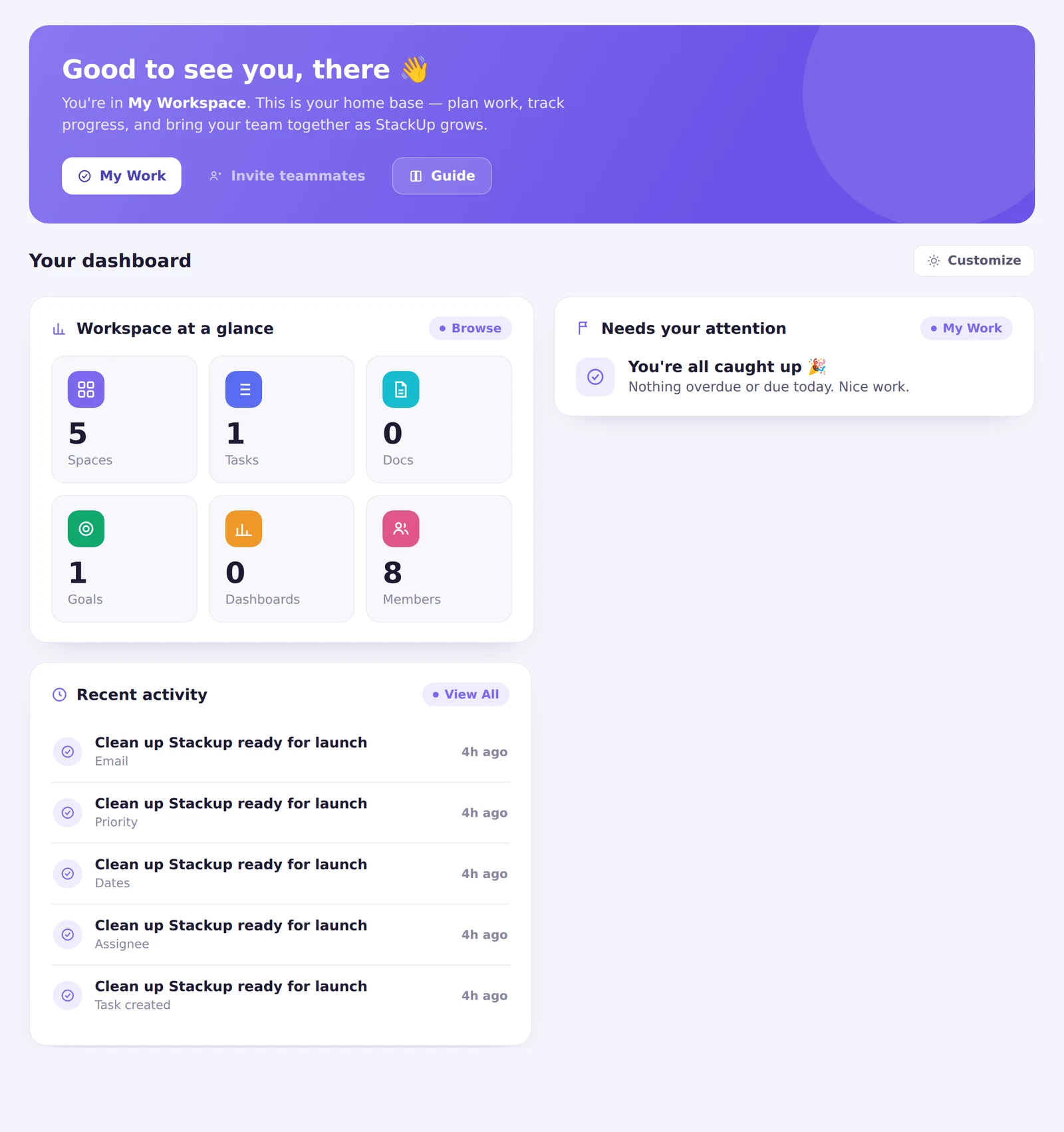StackUp — workspace dashboard: spaces, tasks, goals and recent activity